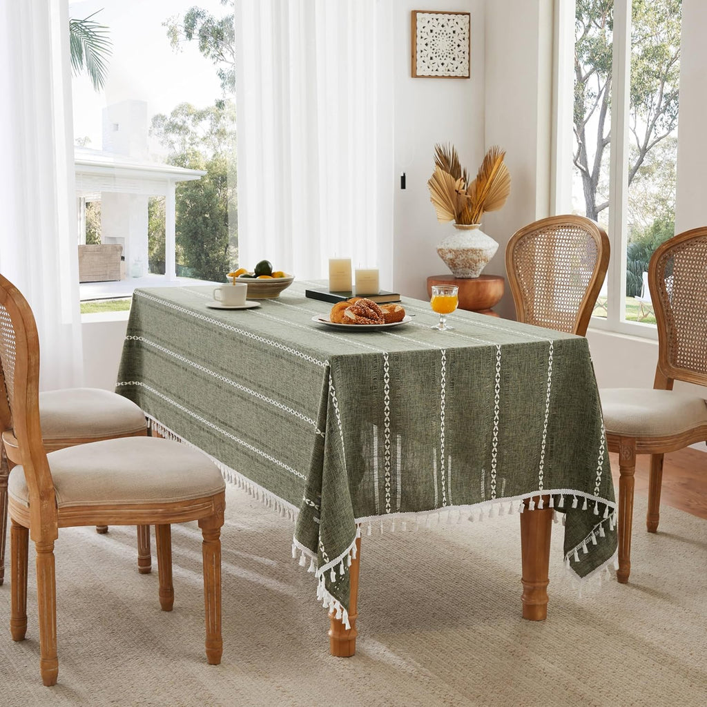 Hemstitched Embroidery Striped Boho Tablecloth 54x70 Inch Olive, Heavy Weight Farmhouse Burlap Linen