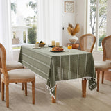 Hemstitched Embroidery Striped Boho Tablecloth 54x70 Inch Olive, Heavy Weight Farmhouse Burlap Linen