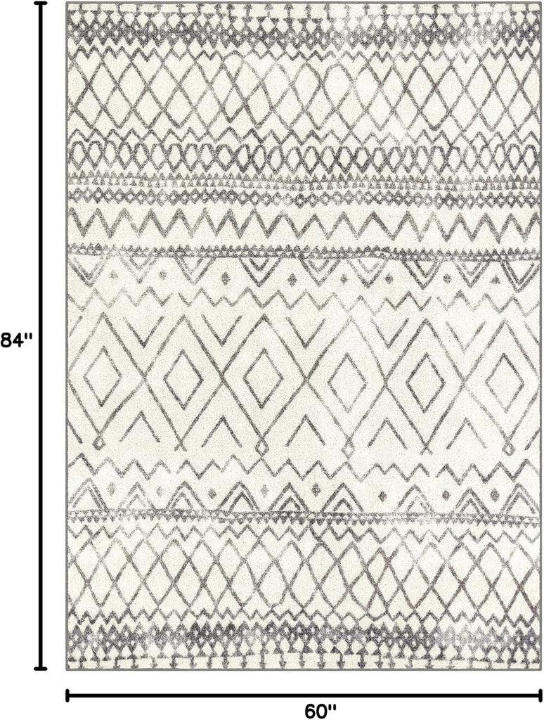 Diamond Distressed Moroccan Area Rug - Made in USA - Low Pile, Non Slip Pet-Friendly Mat, Living & Dining Room, 5' x