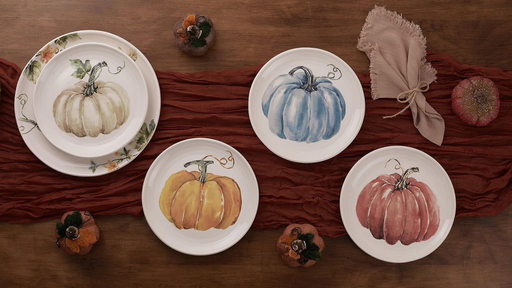 Pumpkin Feast Salad Plates Set of 4, 8.75 Inch Ceramic Dessert Plates for Salad, Appetizer, Side Dishes, Microwave