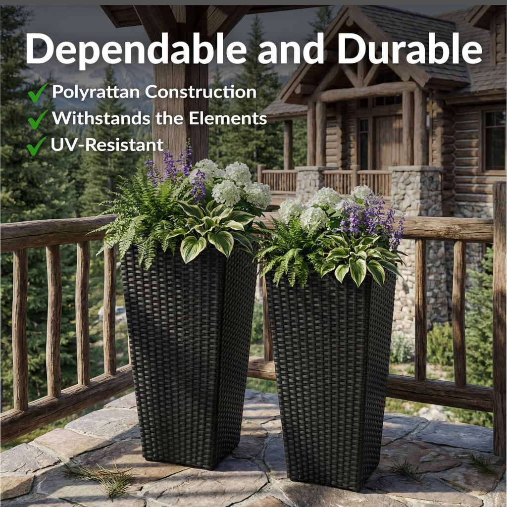 24" Square Tall Wicker Outdoor Planter, Black, 2pk