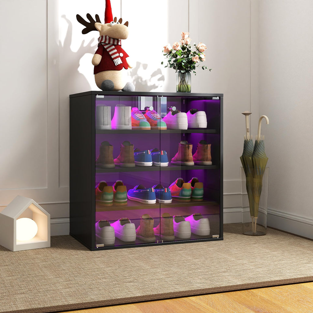 4 Layers LED Shoe Storage Box, Stackable Shoe Cabinet Case with Glass Doors and LED Lights, Wooden Display Shoes