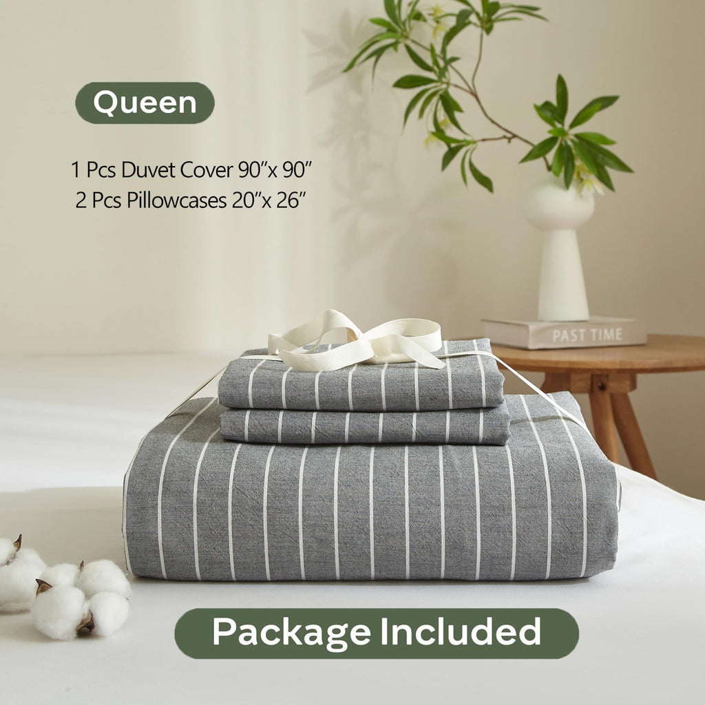 Grey Striped Duvet Cover Set Cotton Linen‐Like 3pcs 90"x90"