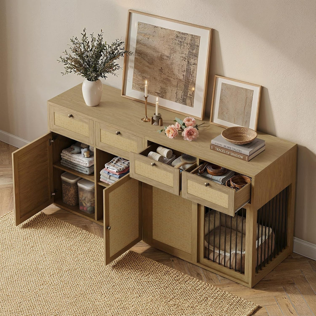 2-Piece Dog Crate Furniture, Right, 80 Inch, Light Oak