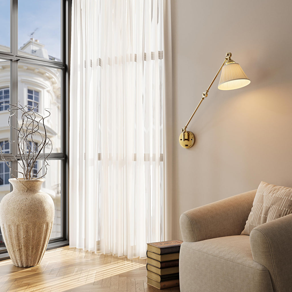 Plug in Wall Sconces Set of Two, Gold Swing Arm Wall Lamp with 6.6FT Plug-in Cord and Knob Switch, Fabric Hardwired
