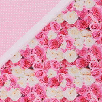 Double Faced Quilted Cotton, Roses/Dots Pink/White