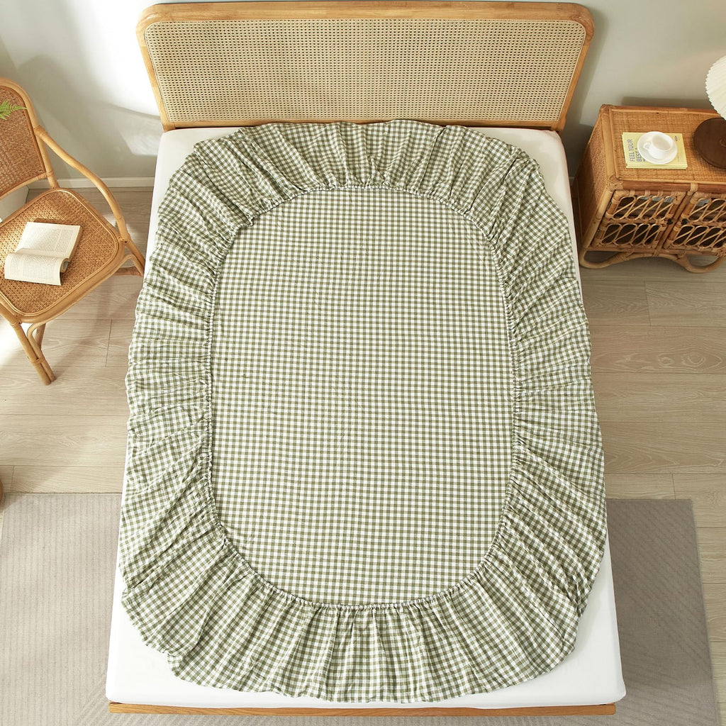Gingham Queen Sheet Set, 100% Washed Cotton Linen Feel Sage Green Plaid Printed Sheet Sets Lightweight Soft Grid Bed