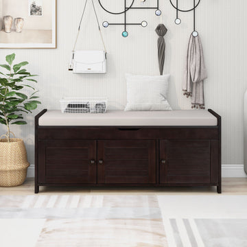 Farmhouse Solid WOD Entryway Bench with Seat Cushion Multifunctional Shoe Storage Cabinets Living Room Bedroom