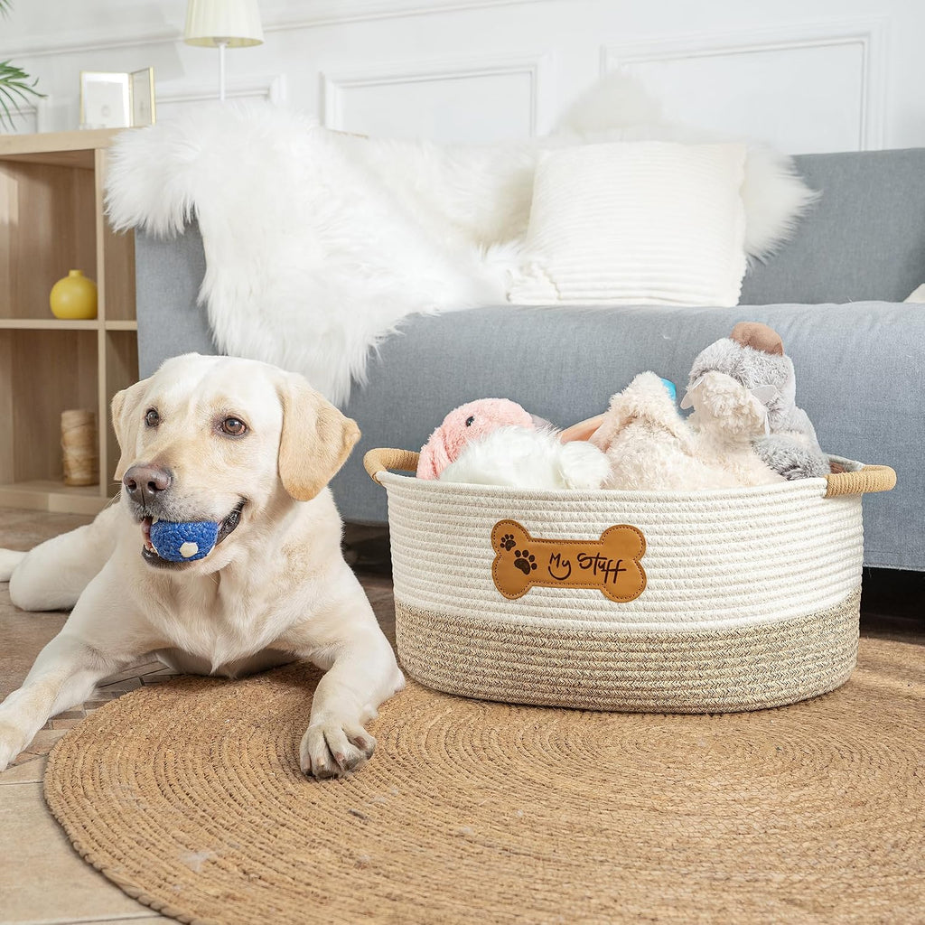 Dog Toy Basket|Cotton Rope Dog Toy Bin With Handle, 17.5"L×11.8"W×8"T