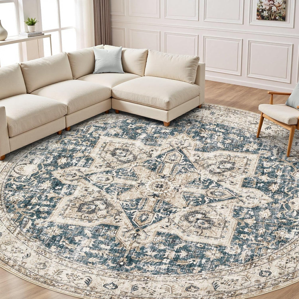 8' Round Area Rug Living Room Rugs - Washable Boho Rug Vintage Oriental Distressed Farmhouse Large T