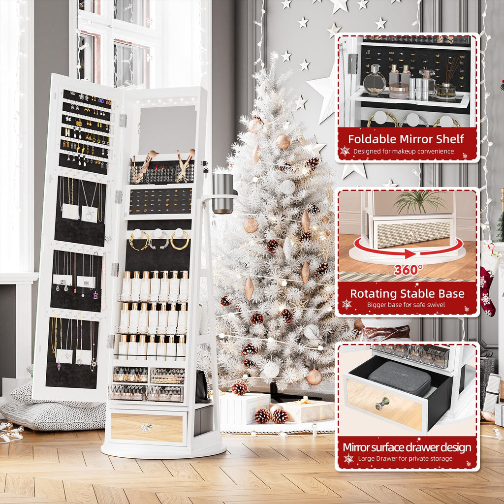 Mirror Jewelry Cabinet Standing, 360° Swivel Full Length Mirror with Drawer