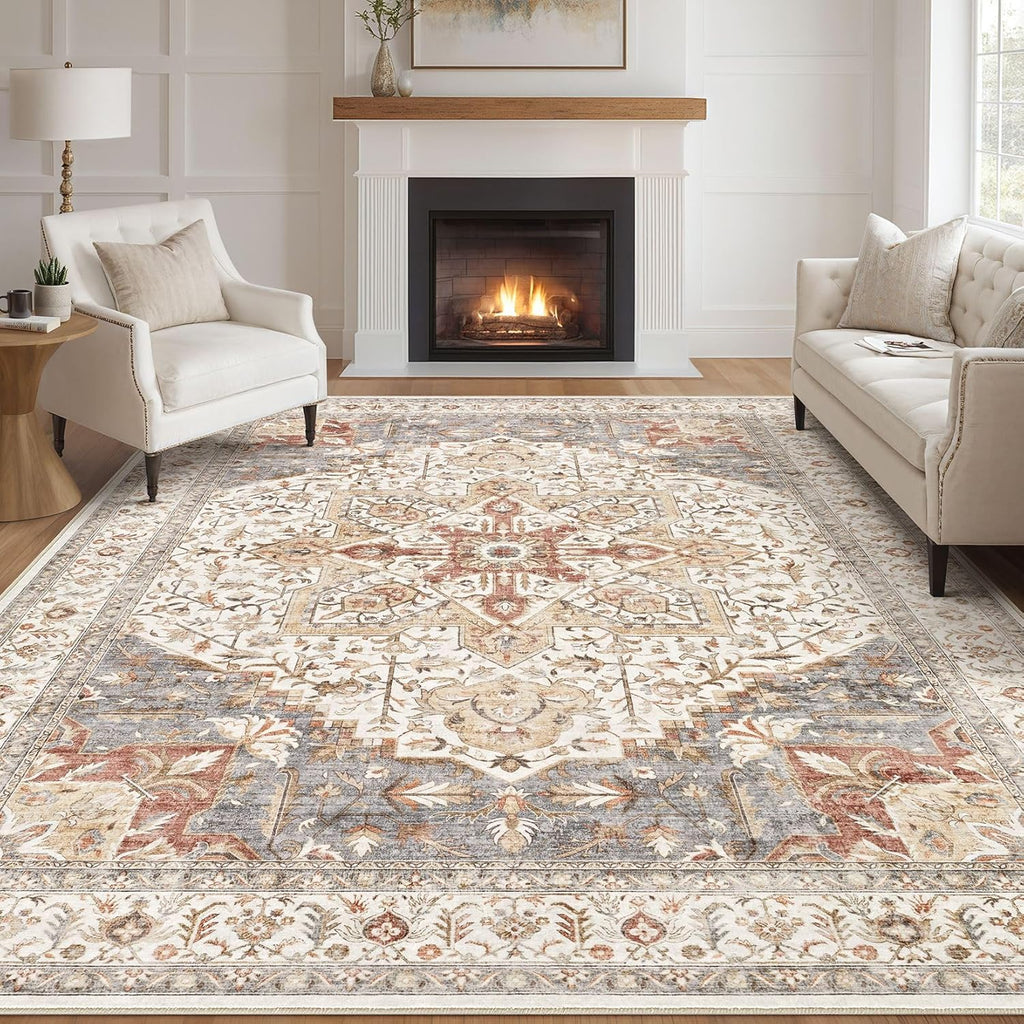 Area Rug Living Room Rugs - 10x14 Washable Boho Rug Vintage Oriental Distressed Farmhouse Large Thin