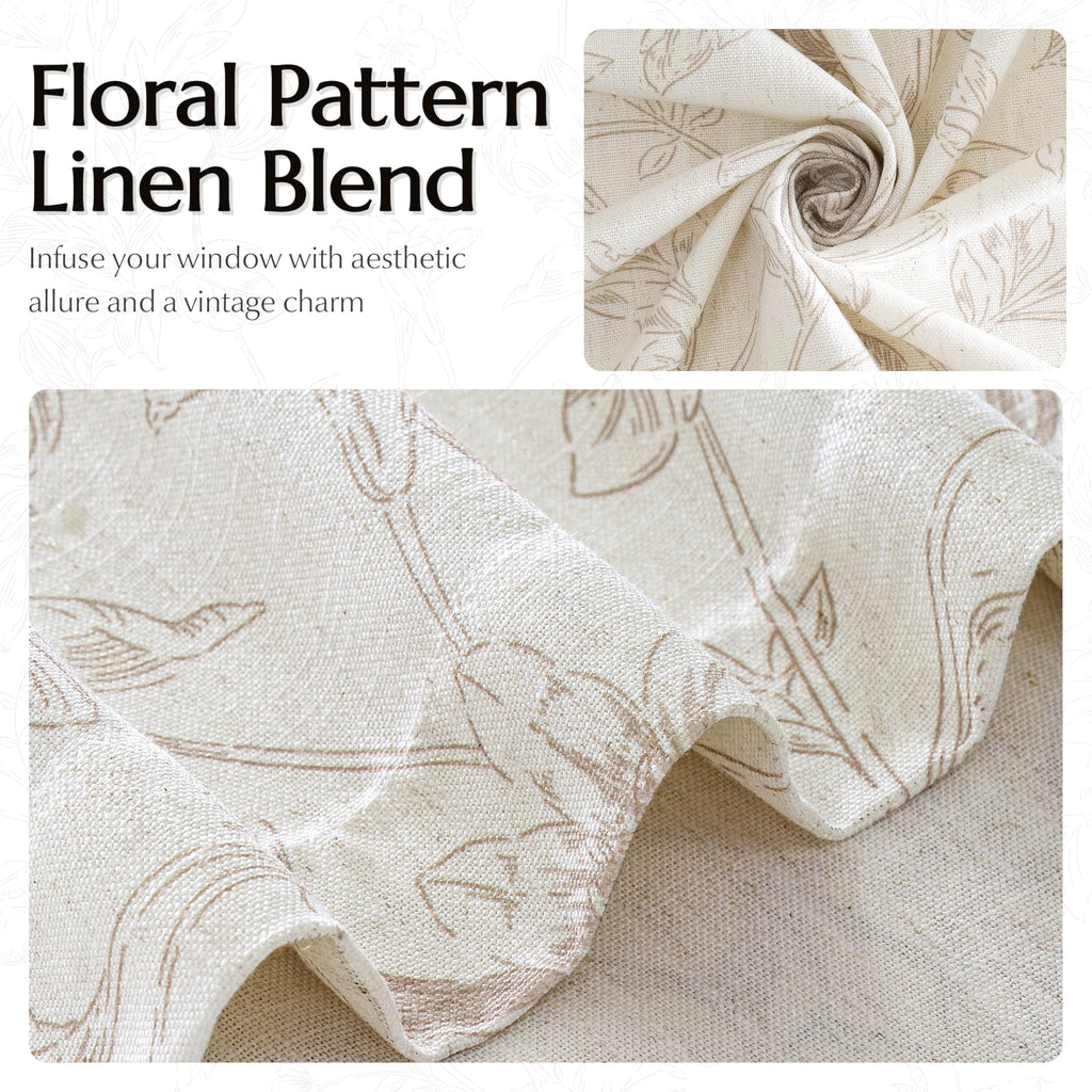 84 Inch Linen Curtains Beige Tan Floral Pattern Pinch Pleat Drapes Bedroom
