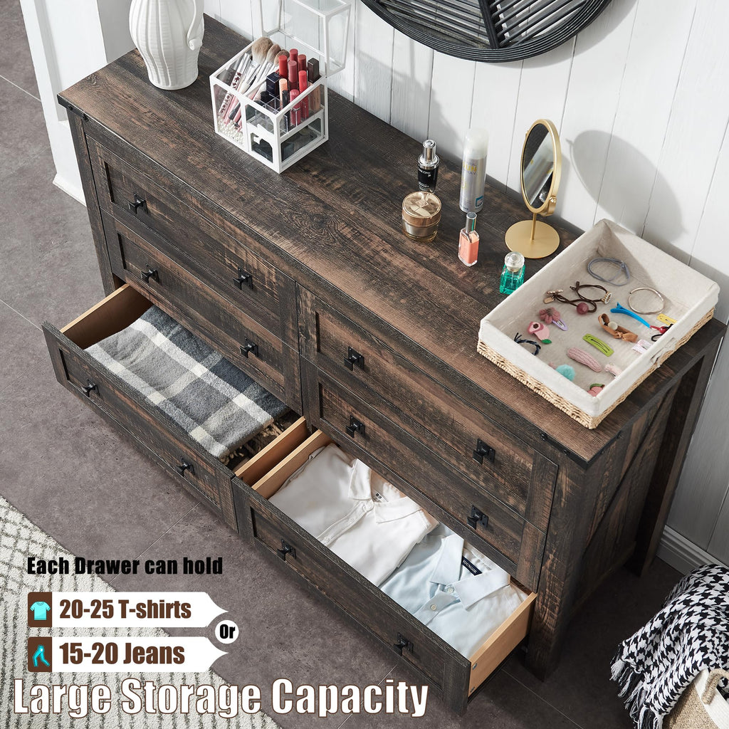 54" Wide Farmhouse 6-Drawer, Dark Rustic Oak