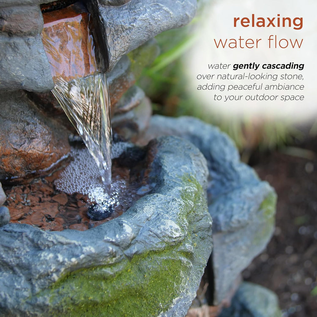 22" Tall 3-Tier Outdoor Rock Waterfall Fountain with LED Lights, Natural Stone Look Decor, Gray
