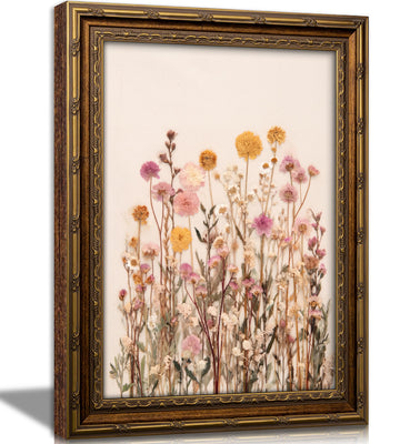 Vintage Gold Framed Texture printing Pink Wildflower Wall Art