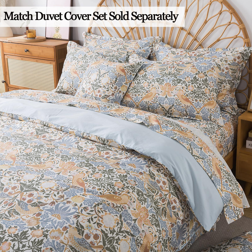 100% Cotton 4-Piece Floral Bed Sheet Set in Blue & Sage Green, Vintage Fall Botanical Bird Bedding