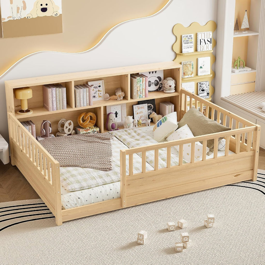 Montessori Floor Bed with Bookcase, Floor Bed with High Fence and Storage Shelves, Easy Assemble
