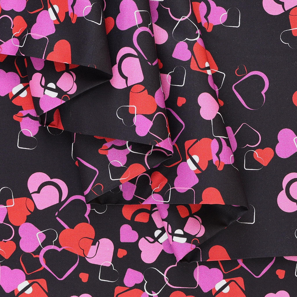 Fabrics Valentines Cotton Fabric, Colored Hearts Black Cut by The Yard