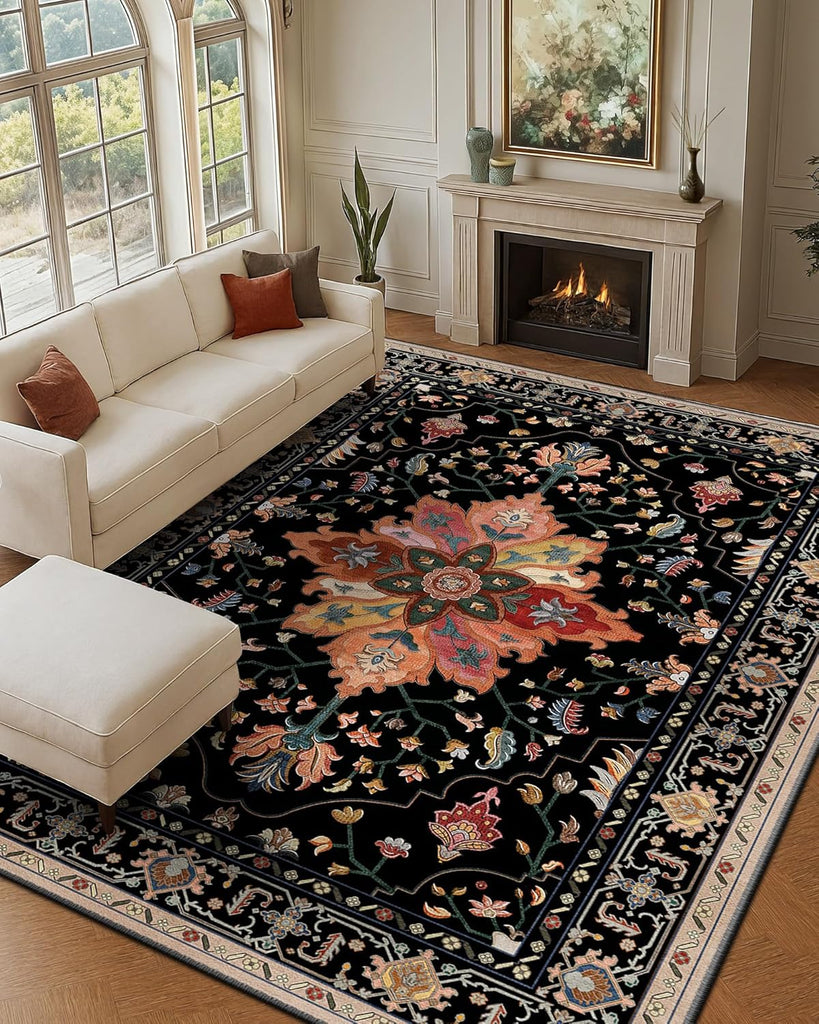 Area Rugs Washable Non-Slip, Floral Vintage Distress Print Pattern Medallion Carpet for Living Room Bedroom