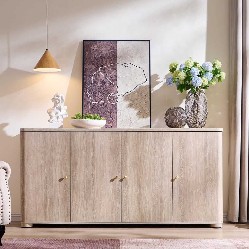 Curved Buffet Cabinet with Doors, 66" Large Sideboard Buffet Storage Cabinet with 4 Doors and Shleves, Modern Coffee