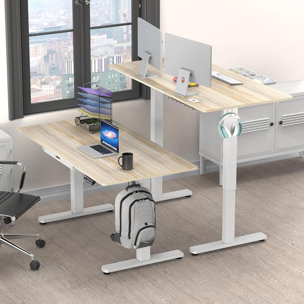 55 x 28 Electric Height Adjustable Standing Desk w/Drawer, Maple | w/ Memory Presets and Cable Management | Drawer