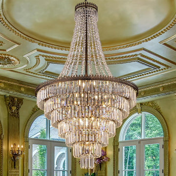French Empire Crystal Chandelier Modern Farmhouse Chandelier Ceiling Light for Foyer Entryway High Ceiling, Vintage Antique Bronze Chandelier Light Fixture for Dining Living Room 34" W x 58" H