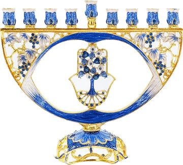 Meticulously Hand Painted Hanukkah Enamel Hamsa Artistic Candles Holder Fits All Standard Chanukah Candles- is 8