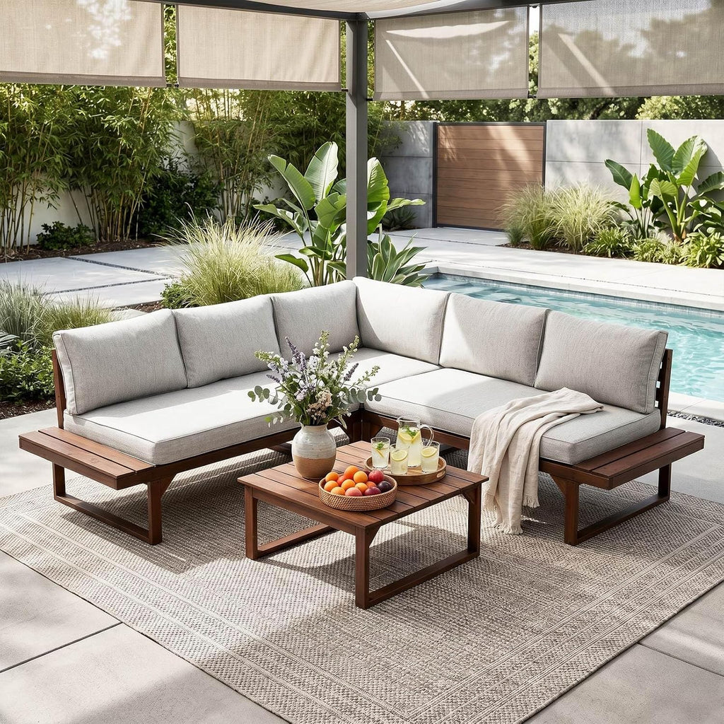 4 Piece Wood Patio Furniture, L-Shaped Outdoor Sectional Sofa Set with Coffee Table, Conversation Set with Built-in