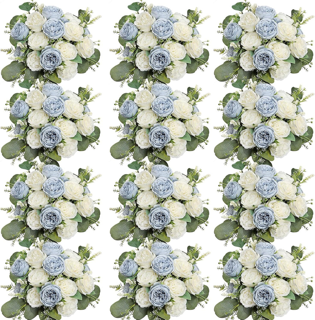 Peonies Artificial Flowers Bulk, 12 Bundles Fake Silk Peonies Faux Eucalyptus Bouquet Realistic Peony Floral