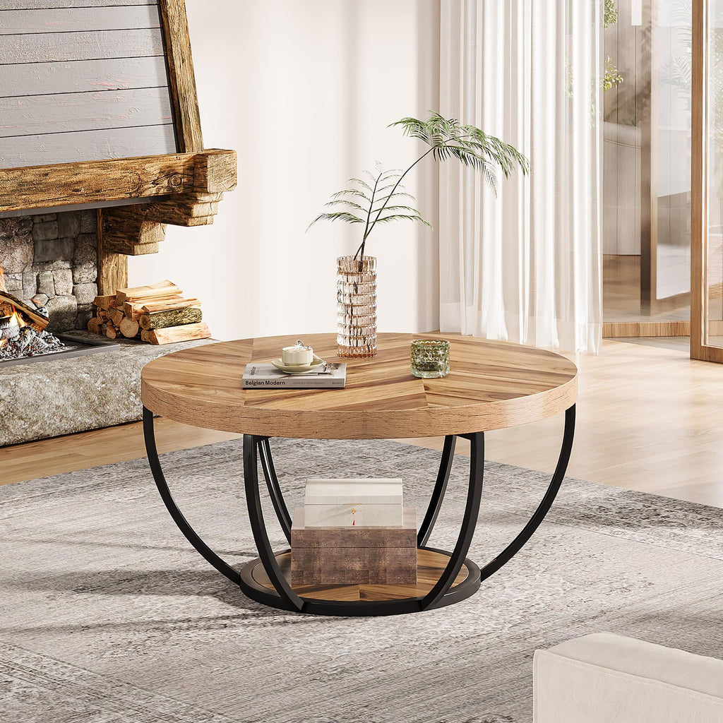 31.7" Round Wooden Coffee Table with Storage Pedestal