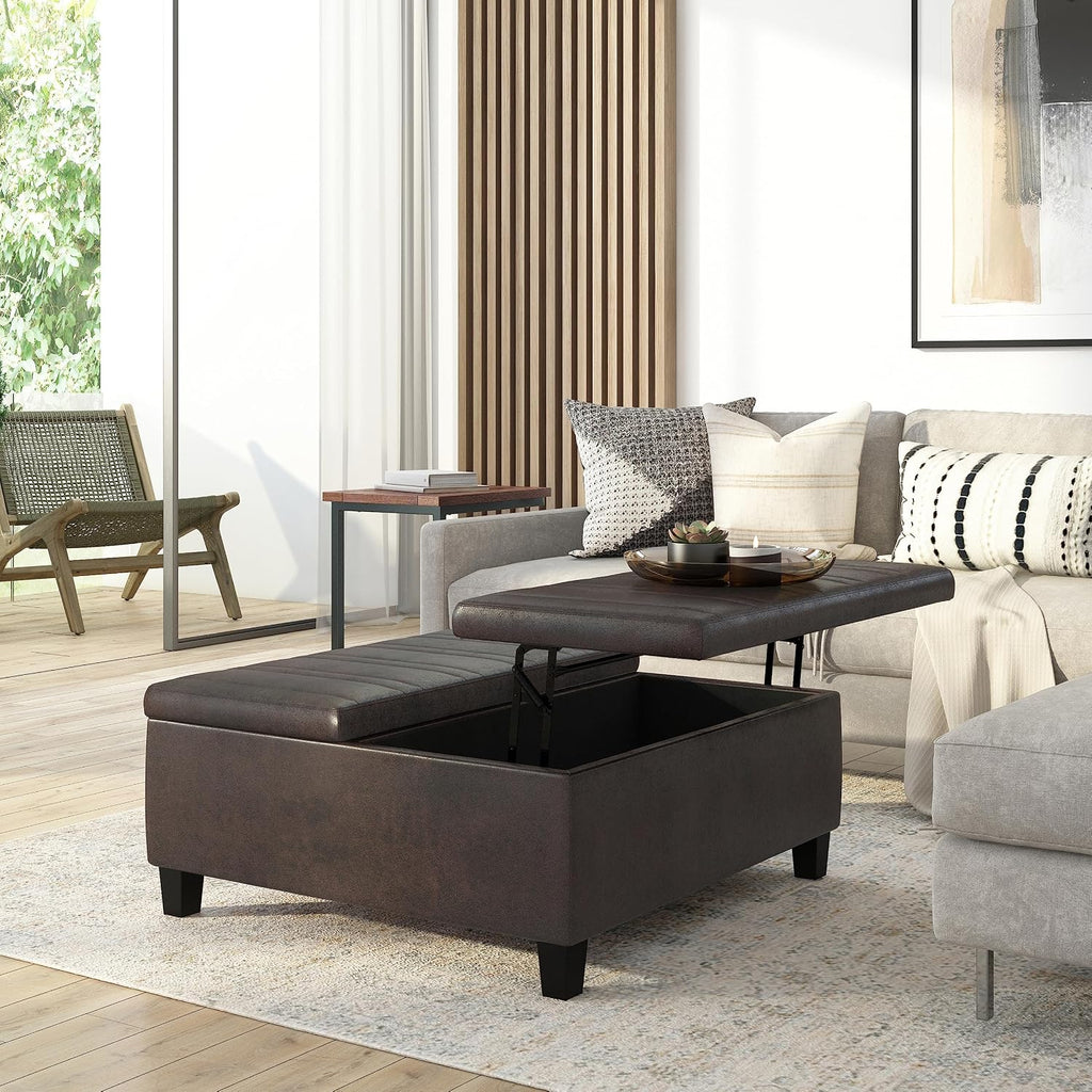 Ellis 36" Wide Vegan Leather Storage Ottoman in Stone Grey | Contemporary tufted ottoman with lift-up lid storage ;