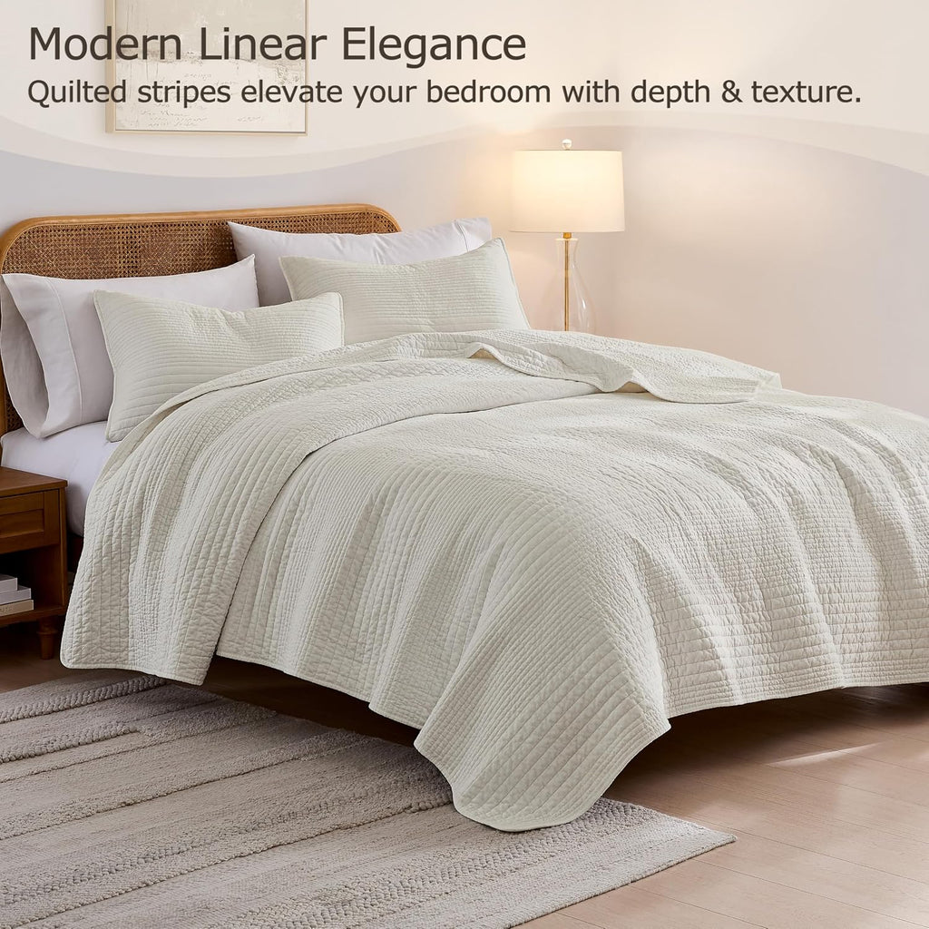 Striped Beige 100% Cotton Quilt King Bedding Sets, Lightweight Crinkly Channel Pick Stitch Textured Bedspread Soft