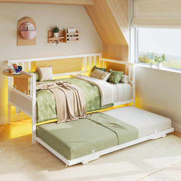 Daybed with Trundle & Foldable Headboard, 700lbs Metal Twin Bed Frame with LED Lights and Charging Station
