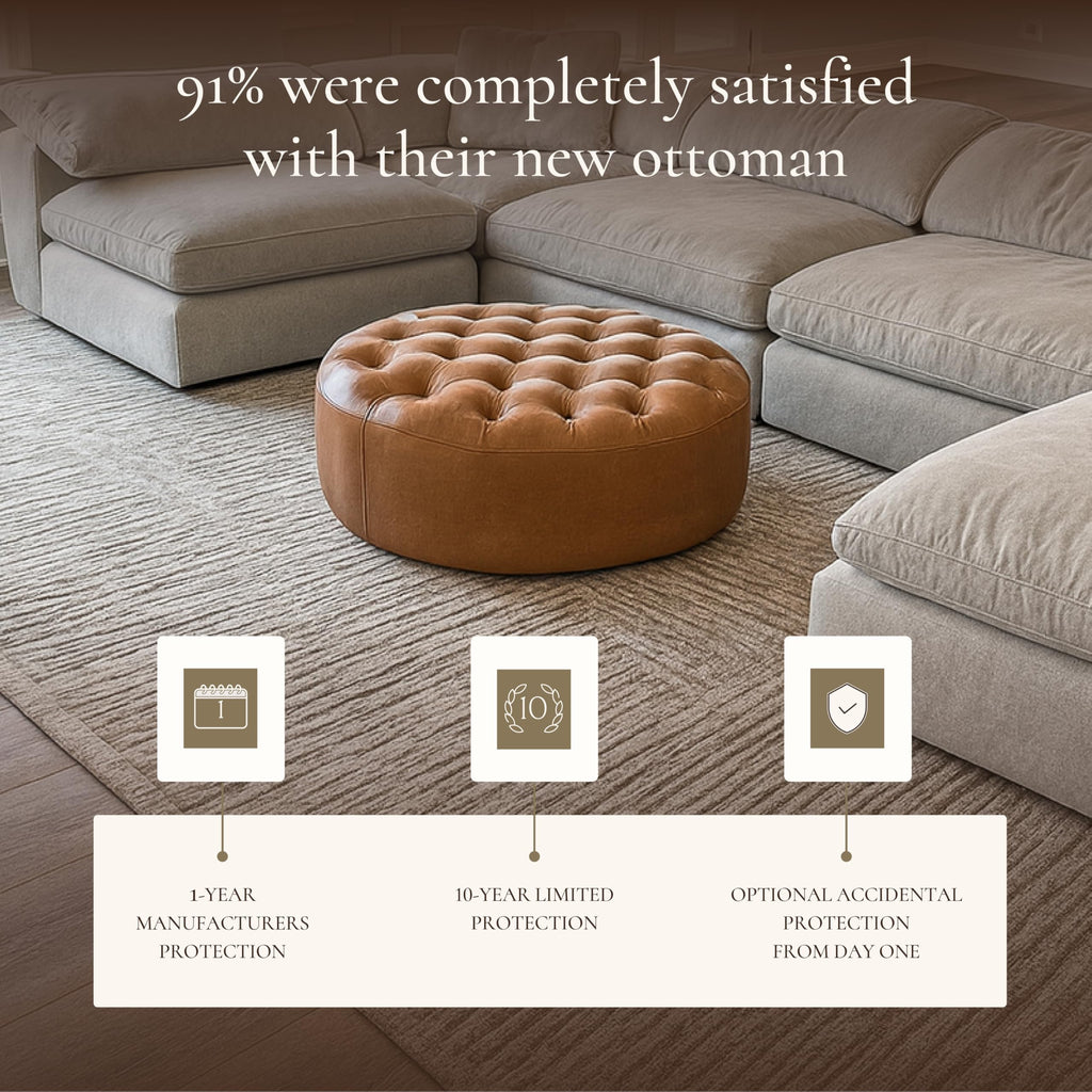 Ascot Ottoman - 40" Round Pouf with Feather-Down Topper - Full-Grain Leather Upholstered Pouf Ottoman - Vintage