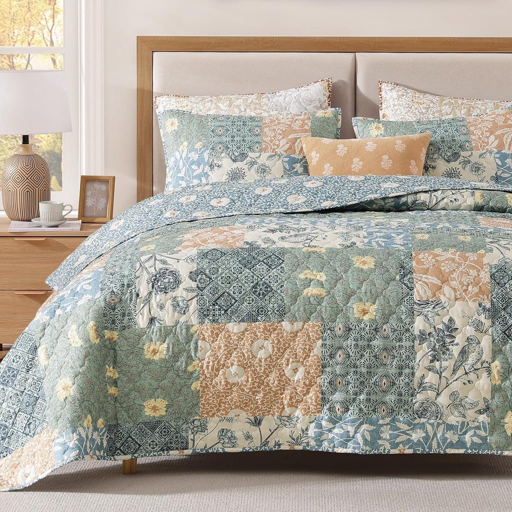 Queen Quilt Set - 3 Pieces Patchwork Green Quilt Bedding Set, Lightweight Queen Bedspread Coverlet, Reversible Floral