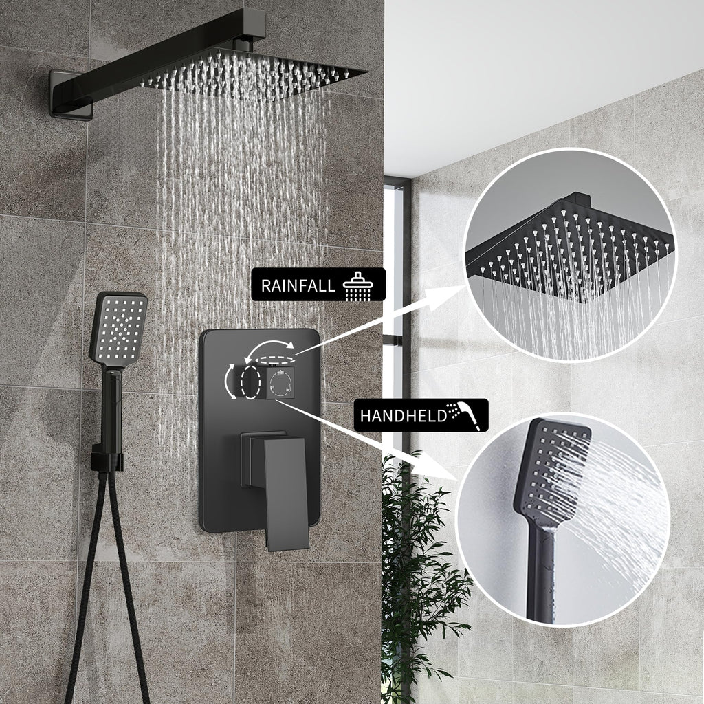 Shower Head Matte Black, Shower Faucet Set Bathroom Shower System with 8 inch Square Rain Shower Head Wall Mounted