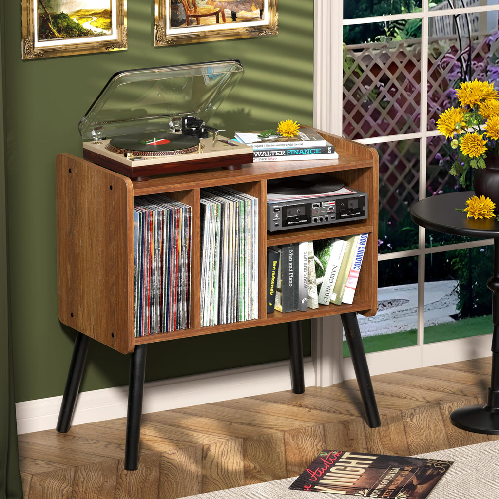 Record Player Table, Mid-Century Record Player Stand with Vinyl Storage Hold Up to 150+ Albums, Vinyl Record Cabinet