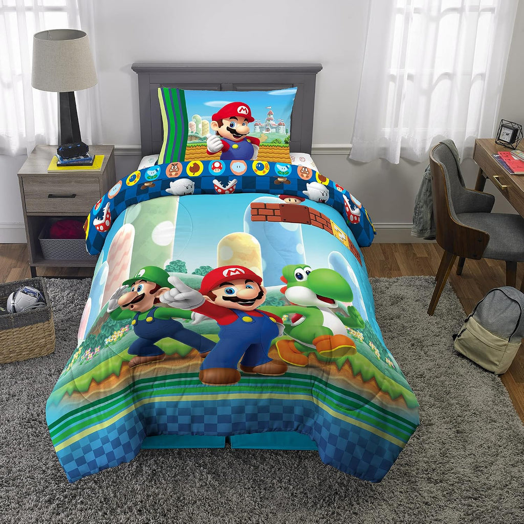 Super Mario Kids Twin Bedding, 4 Piece Super Soft Cozy Reversible Comforter and Sheet Set, (Officially Licensed Product)