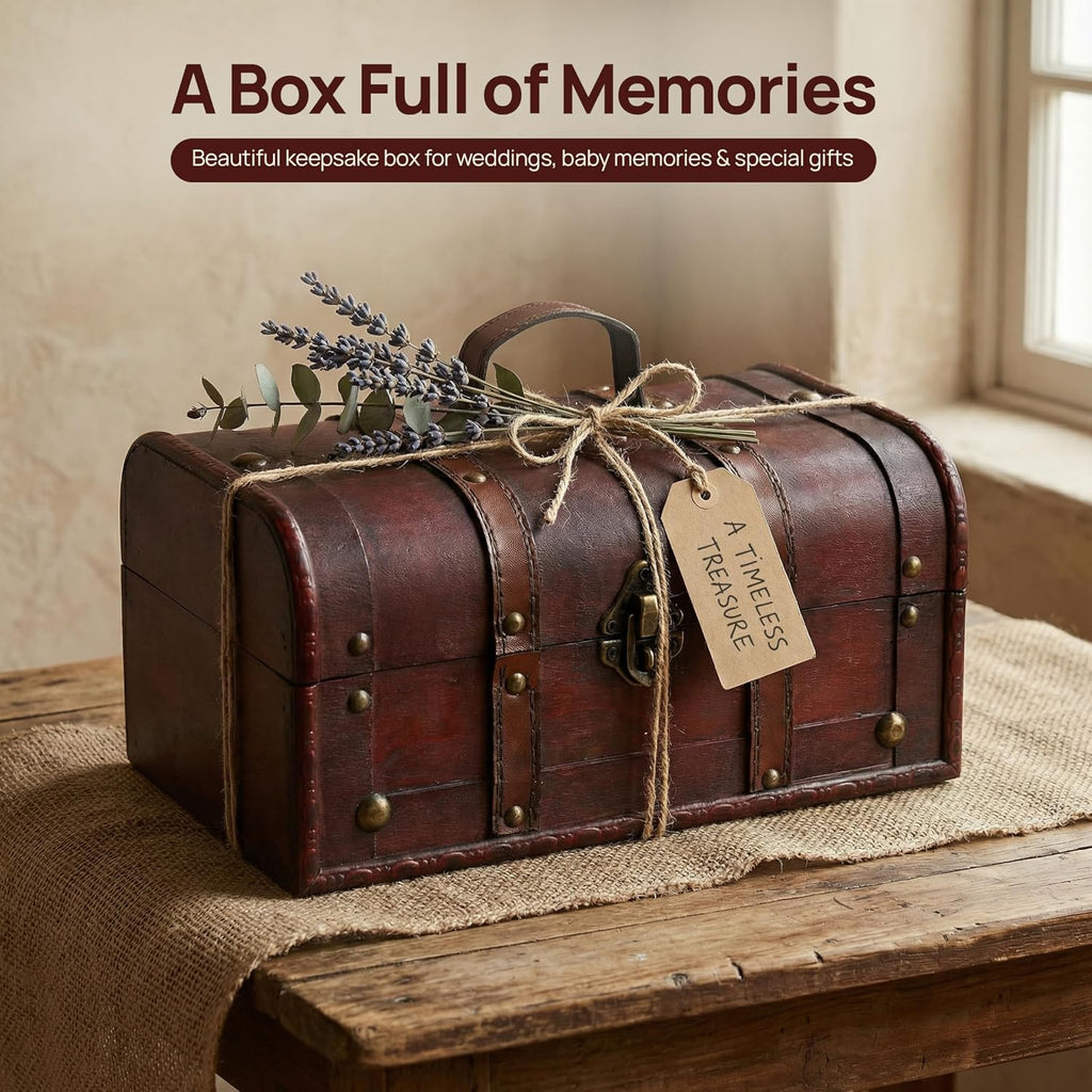 Decorative Wooden Treasure Chest Keepsake Box Large Memory Trunk, Wood Lock Box, Treasure Chest Box for Kids & Adults