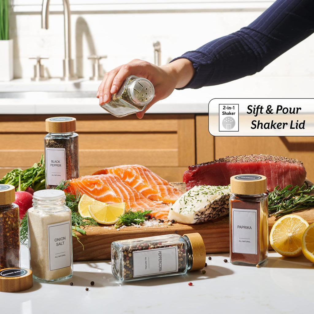 Glass Spice Jars with Label Set, Bamboo Lids & Funnel - Kitchen Airtight Storage Jars with Lids - Spices and