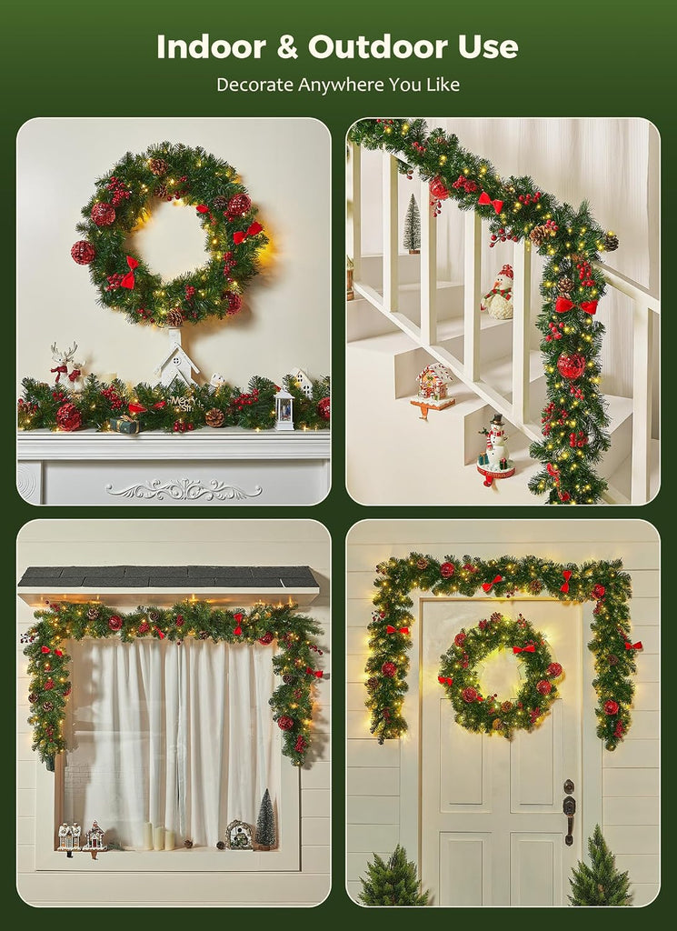 Christmas Garland with Lights, 9Ft Prelit Garland, 8 Light Modes & Timer