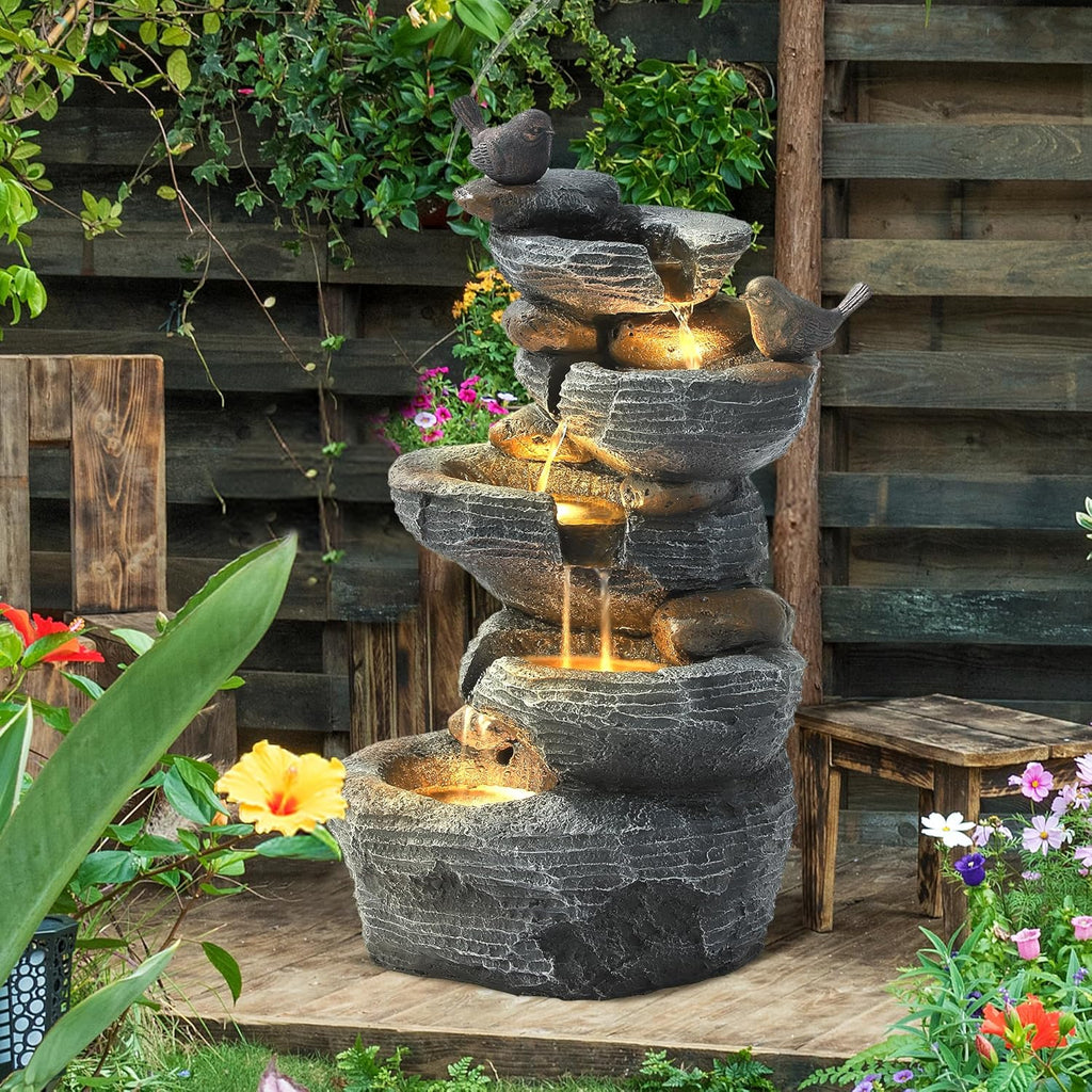 Outdoor 5-Tiers Cascading Rock Water Fountain, Waterfall Fountain with 4 LED Lights