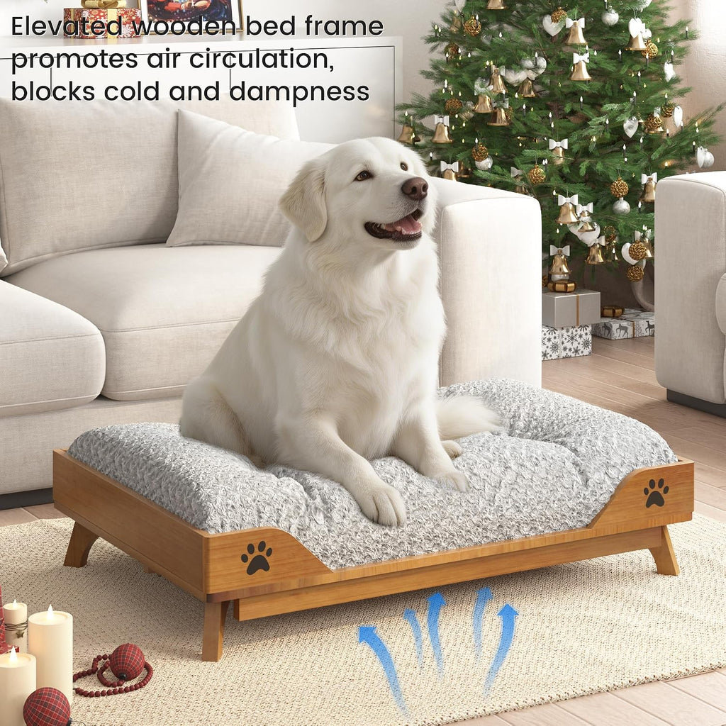 Elevated Dog Bed - Solid Wood Dog Bed Frame with Soft Cushion, Raised Dog Bed for Large Pets up to 150lbs