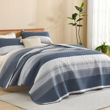 Super Quilt, 3 Pcs Navy Blue Stripe Bedding Set