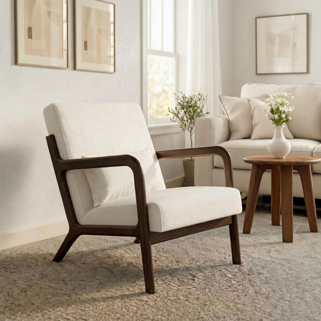 Mid-Century Modern Accent Chair, Chenille Upholstered Armchair with Wood Frame and Lumbar Pillow, Cozy Reading Chair