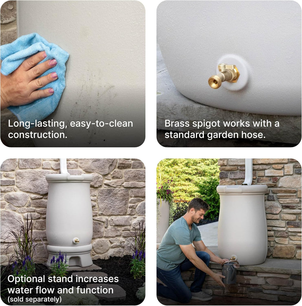 Fernway Rain Barrel, Outdoor Water Conservation Container, Holds 50 Gallons, Gray