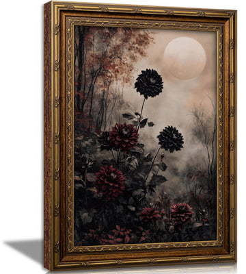 Vintage Gold Framed Black Dahlia Wall Art, Dark Academia Moody Floral Forest Canvas Print, Gothic Moon Night