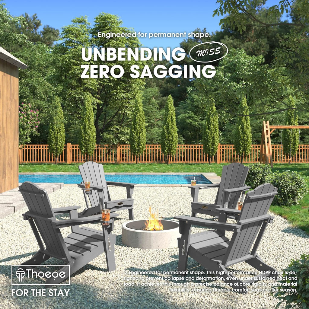Folding Adirondack Chair, HDPE All-Weather Outdoor Chair | with Cup Holder, Wood Grain, Wide Armrest, Fire Pit Chair