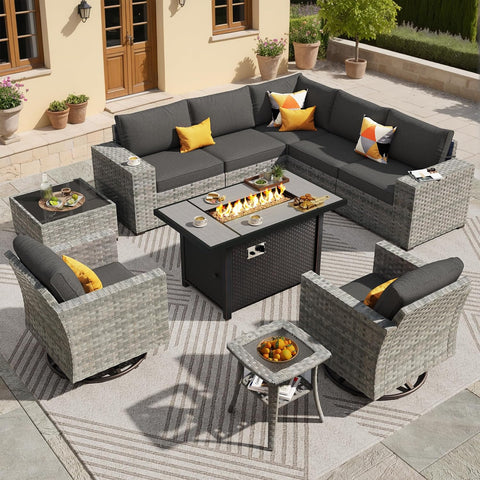 10 Pieces Patio Furniture Set, Outdoor Wicker Sectional Sofa with 42" Fire Pit Table Swivel Chairs